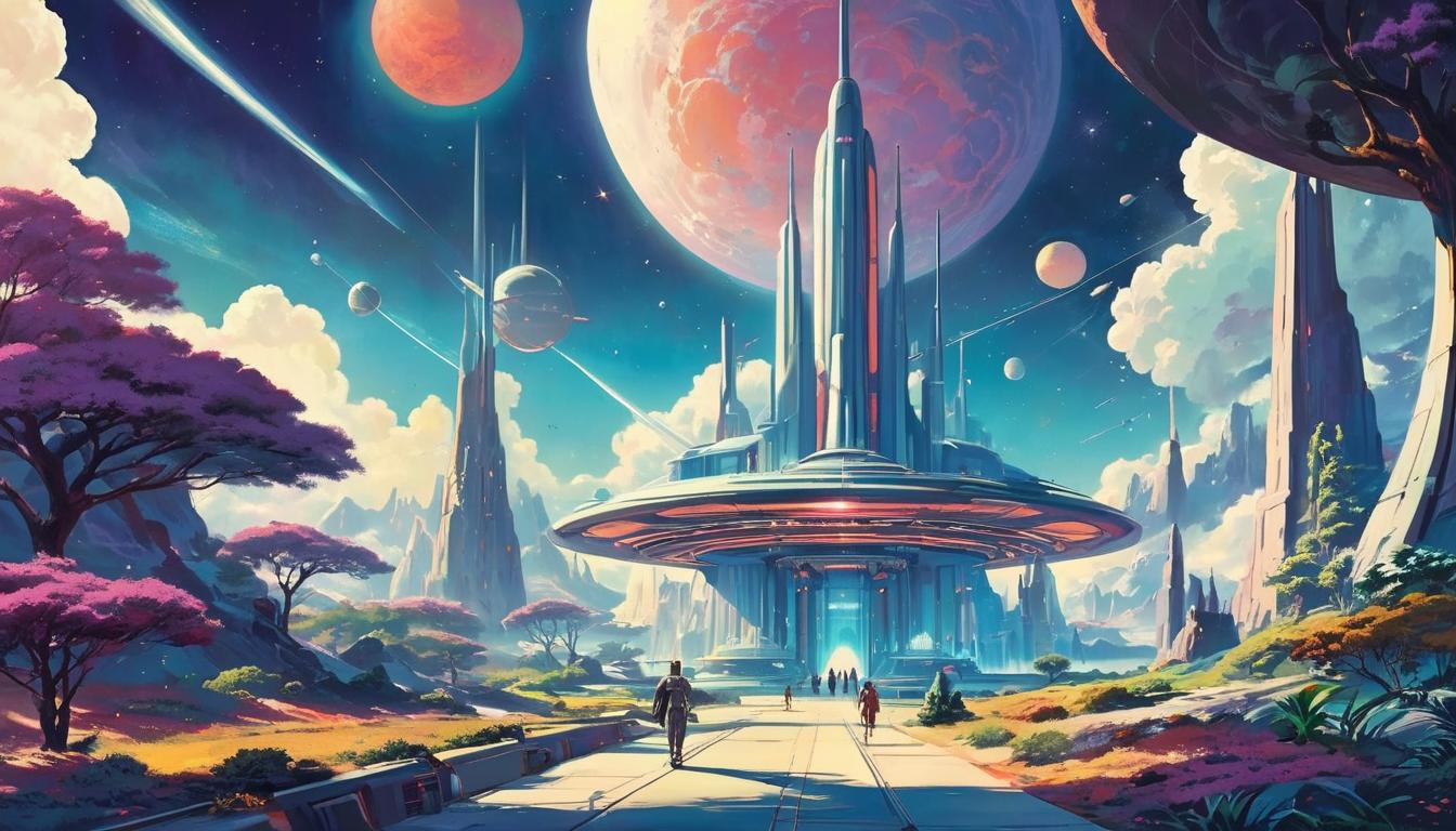  retro futuristic Trusting journey, serene path, glowing light, open heart, divine unfolding, tranquil, welcoming energy lvintage sci fi, 50s and 60s style, atomic age, vibrant, highly detailed