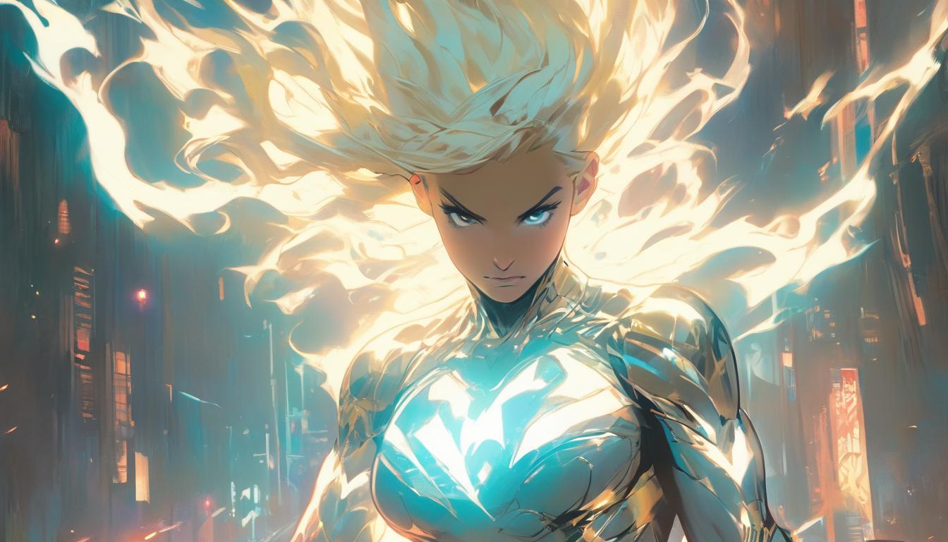  hyperrealism,fantasy aesthetic1woman, large busted attractive blonde arian female humanoid, casting rays of light, holographic projection, global map, radiant, wise, connected, high tech clothing clad in sleek, futuristic costume with metallic accents and form fitting designs, marvel superhero comics style, unreal engine rendering