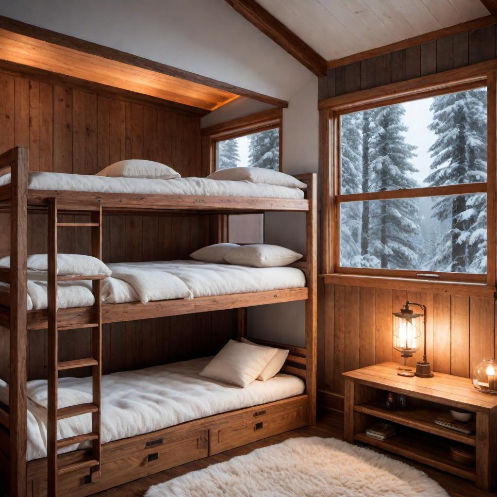  A bunk bed in a cozy cabin with lights and fluffy pillows. The interior is of wood with off white colors. Moving snow outside. hyperrealistic, full body, detailed clothing, highly detailed, cinematic lighting, stunningly beautiful, intricate, sharp focus, f/1. 8, 85mm, (centered image composition), (professionally color graded), ((bright soft diffused light)), volumetric fog, trending on instagram, trending on tumblr, HDR 4K, 8K