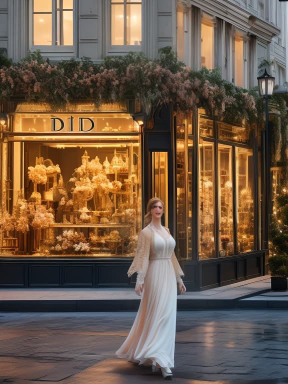  front view of the huge Dior store, made of soft fluffy clouds of a delicate peach color, in the middle of a street in Paris. People are walking, and inside there is golden light, golden details and soft warm lighting.Architectural photography is characterized by highly detailed and intricate details in pastel colors in the style of dazed magazine, 4k hyperrealistic, full body, detailed clothing, highly detailed, cinematic lighting, stunningly beautiful, intricate, sharp focus, f/1. 8, 85mm, (centered image composition), (professionally color graded), ((bright soft diffused light)), volumetric fog, trending on instagram, trending on tumblr, HDR 4K, 8K