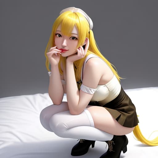  tomoe mami,,face covered in,in puella magi madoka magica style ,short long hair, 75kg, bangs are side parted hair,yellow hair,drill hair,tie her hair low at the back of her head,wearing corset,knee-high socks,long boots,mini nurse cap,large,yellow eyes,profuse sweat,disliked face,cry out,, cute smile, no clothes, squatting in bed from above,, clear detailed photo, sharp focus, high resolution, 4k uhd, perfectly detailed big eyes, real life person hyperrealistic, full body, detailed clothing, highly detailed, cinematic lighting, stunningly beautiful, intricate, sharp focus, f/1. 8, 85mm, (centered image composition), (professionally color graded), ((bright soft diffused light)), volumetric fog, trending on instagram, trending on tumblr, HDR 4K, 8K