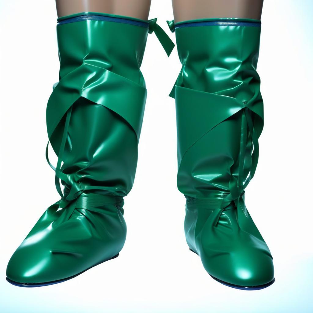  operating room shoes, high surgical shoe covers, knee high, with ribbon ties, (the lower half from sole to ankle, from glossy latex dark green:1.3), (the upper half from ankle to knee, from glossy latex dark blue:1.3), flat soled, without heels, front view, full face, full length hyperrealistic, full body, detailed clothing, highly detailed, cinematic lighting, stunningly beautiful, intricate, sharp focus, f/1. 8, 85mm, (centered image composition), (professionally color graded), ((bright soft diffused light)), volumetric fog, trending on instagram, trending on tumblr, HDR 4K, 8K