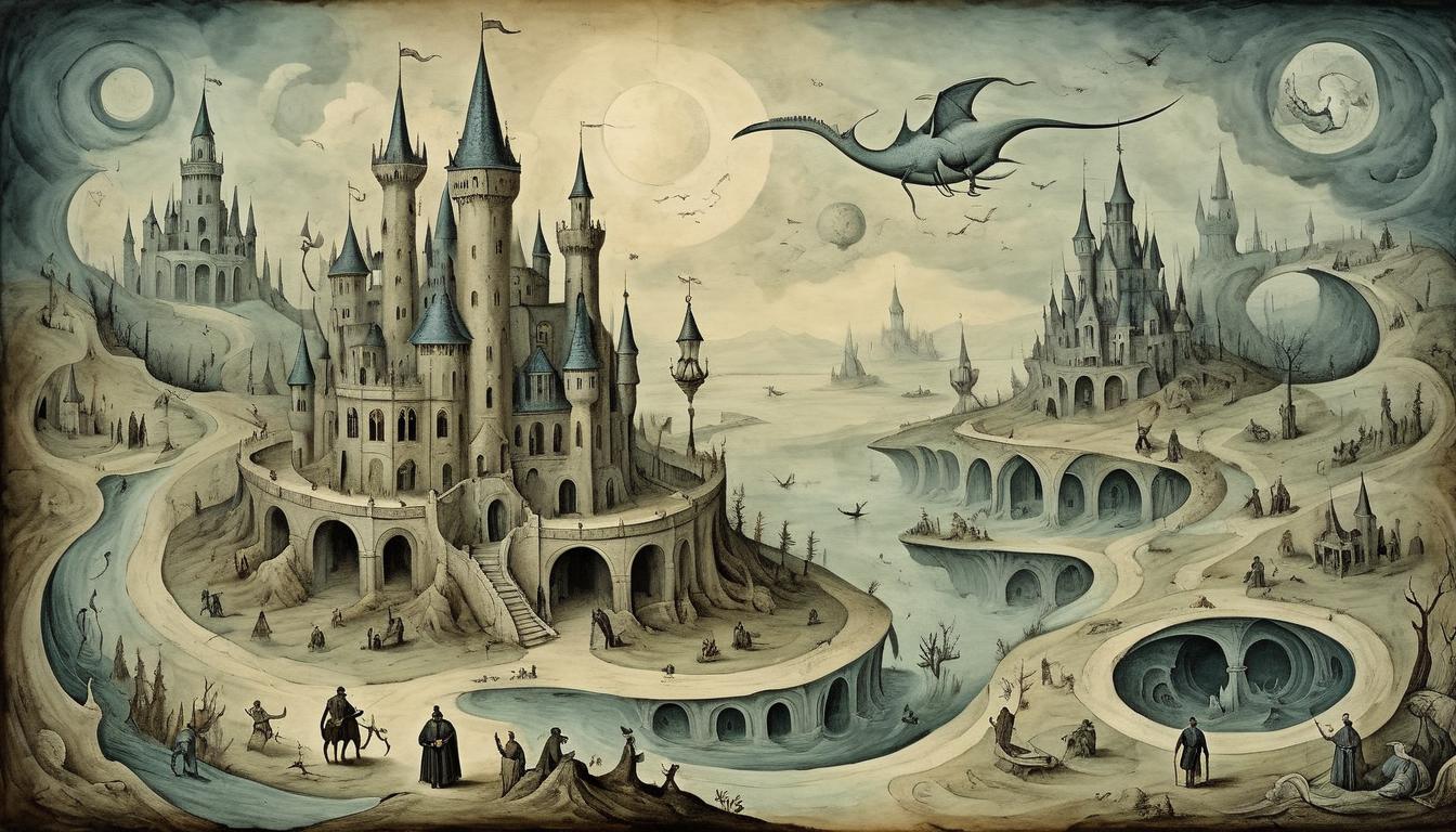  on parchment, surrealism+++, Immediate scene, detailed surroundings, extending consequences, interconnected elements, detailed observation(mysterious, provocative, symbolic,muted color)+++