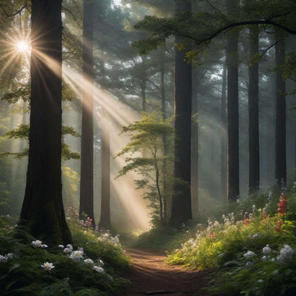  A serene nature-themed image inspired by the biblical verse from Psalm 107:13-14. The scene features a dense, dark forest representing distress and darkness. In the center, there's a bright, warm light breaking through the trees, symbolizing divine intervention and salvation. The light creates a path through the forest, with chains broken on the ground to represent freedom from bondage. Include elements like birds, flowers, and flowing water to represent new life and hope. hyperrealistic, full body, detailed clothing, highly detailed, cinematic lighting, stunningly beautiful, intricate, sharp focus, f/1. 8, 85mm, (centered image composition), (professionally color graded), ((bright soft diffused light)), volumetric fog, trending on instagram, trending on tumblr, HDR 4K, 8K