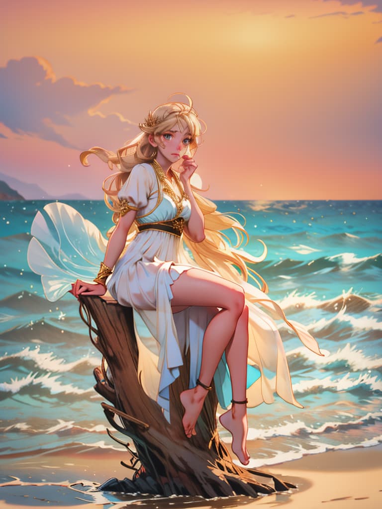  award winning, professional, highly detailed, breathtaking sea nymph, lyre stringed harp, sitting, rock, ocean spray, ocean storm, driftwood, toga, angelic, sea front view, , , photorealistic, raw photo, (1girl, looking at viewer), long hair, blond, oasis, barefoot, eyeshadow, witch, maiden, songstress, fins, translucent white toga, bikini, intricate dress, delicate wood filigree, intricate filigree, pearl metalic parts, detailed part, dynamic pose, detailed background, dynamic lighting,(textured skin:1.3)