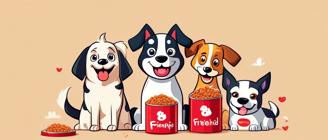  best quality, HD, Banner, cartoon dogs on a beige background with copy space. Friendship and fun concept, pet food advertising