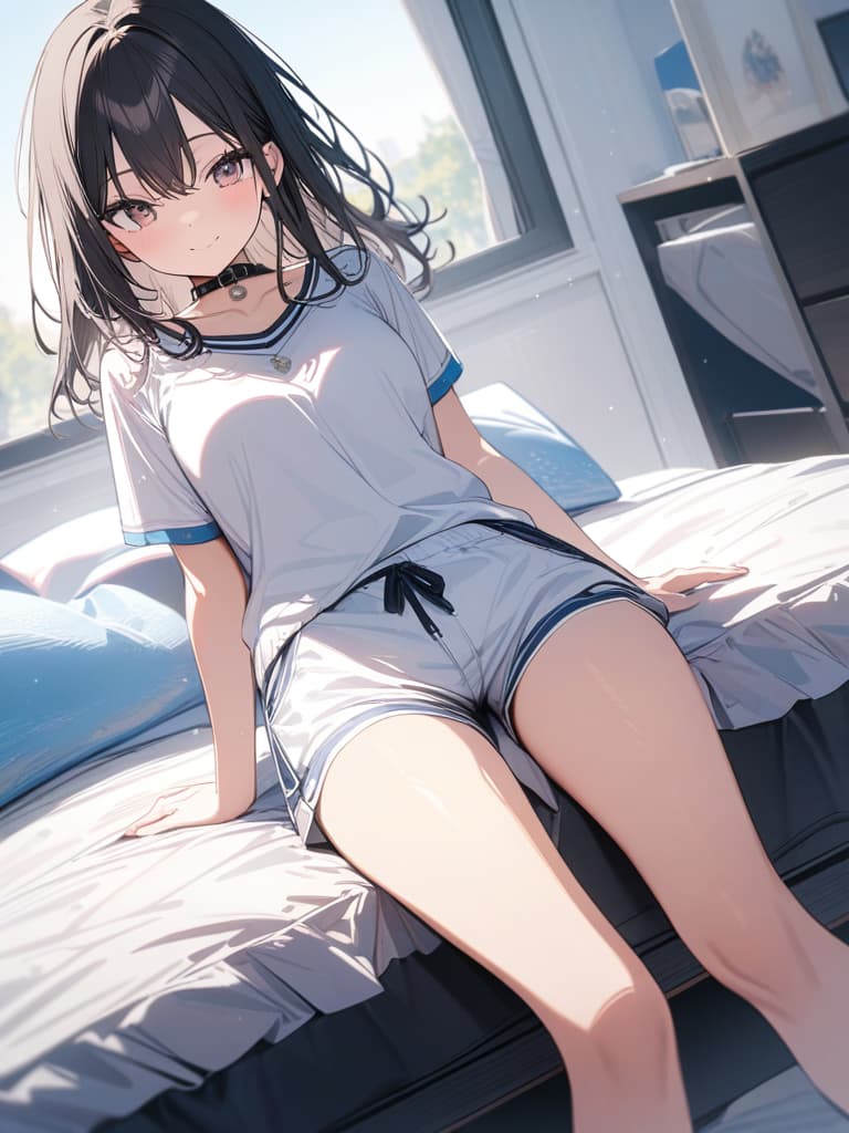  Gles, black hair, id, gles , gles , , collar, smiling, bedroom, water drop, sports , white bloomers, masterpiece, best quality,8k,ultra detailed,high resolution,an extremely delicate and beautiful,hyper detail