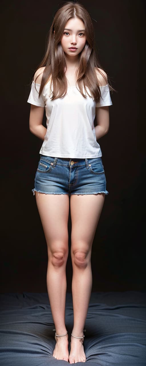  Girls with brown hair, smiles, long hair, red, denim shorts, beautiful legs, back, lower body, sleep in bed, (Masterpiece, BestQuality:1.3), (ultra detailed:1.2), (hyperrealistic:1.3), (RAW photo:1.2),High detail RAW color photo, professional photograph, (Photorealistic:1.4), (realistic:1.4), ,professional lighting, (japanese), beautiful face, (realistic face)