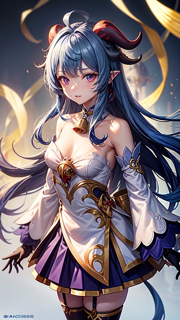   standing up , 1,ganyu_(genshin_impact),solo,blue_hair,s,long_hair,detached_sleeves,bell,horns,gloves,bare_shoulders,bangs,gold_trim,looking_at_viewer,purple_eyes,white_sleeves,sidelocks,ahoge,thighlet,black_gloves,white_flower,neck_bell,medium_s,