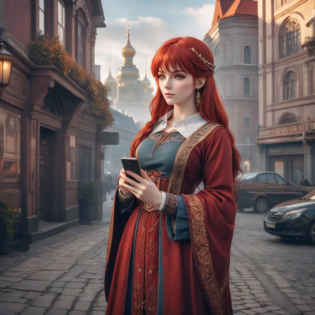  Template for a visual novel, a red haired girl dressed in Slavic style, holding a smartphone, a street of the city with Slavic architecture. hyperrealistic, full body, detailed clothing, highly detailed, cinematic lighting, stunningly beautiful, intricate, sharp focus, f/1. 8, 85mm, (centered image composition), (professionally color graded), ((bright soft diffused light)), volumetric fog, trending on instagram, trending on tumblr, HDR 4K, 8K