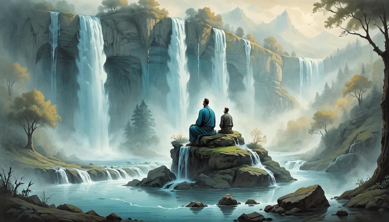  on parchment, surrealism+++, A solitary figure in meditation, seated under a cascading waterfall, natural balance, serene nature, inner peace, luminous water, misty atmosphere(mysterious, provocative, symbolic,muted color)+++