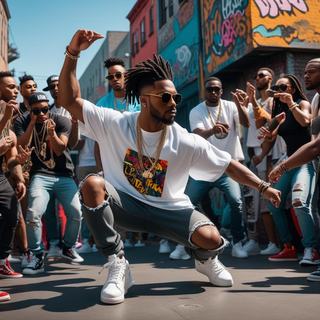  A vibrant and energetic hip hop music video scene featuring dancers in streetwear, graffiti backgrounds, and colorful urban settings. Include dynamic lighting, turntables, and a lively crowd enjoying the performance. The scene should capture the essence of hip hop culture with breakdancing, rapping, and DJing. hyperrealistic, full body, detailed clothing, highly detailed, cinematic lighting, stunningly beautiful, intricate, sharp focus, f/1. 8, 85mm, (centered image composition), (professionally color graded), ((bright soft diffused light)), volumetric fog, trending on instagram, trending on tumblr, HDR 4K, 8K