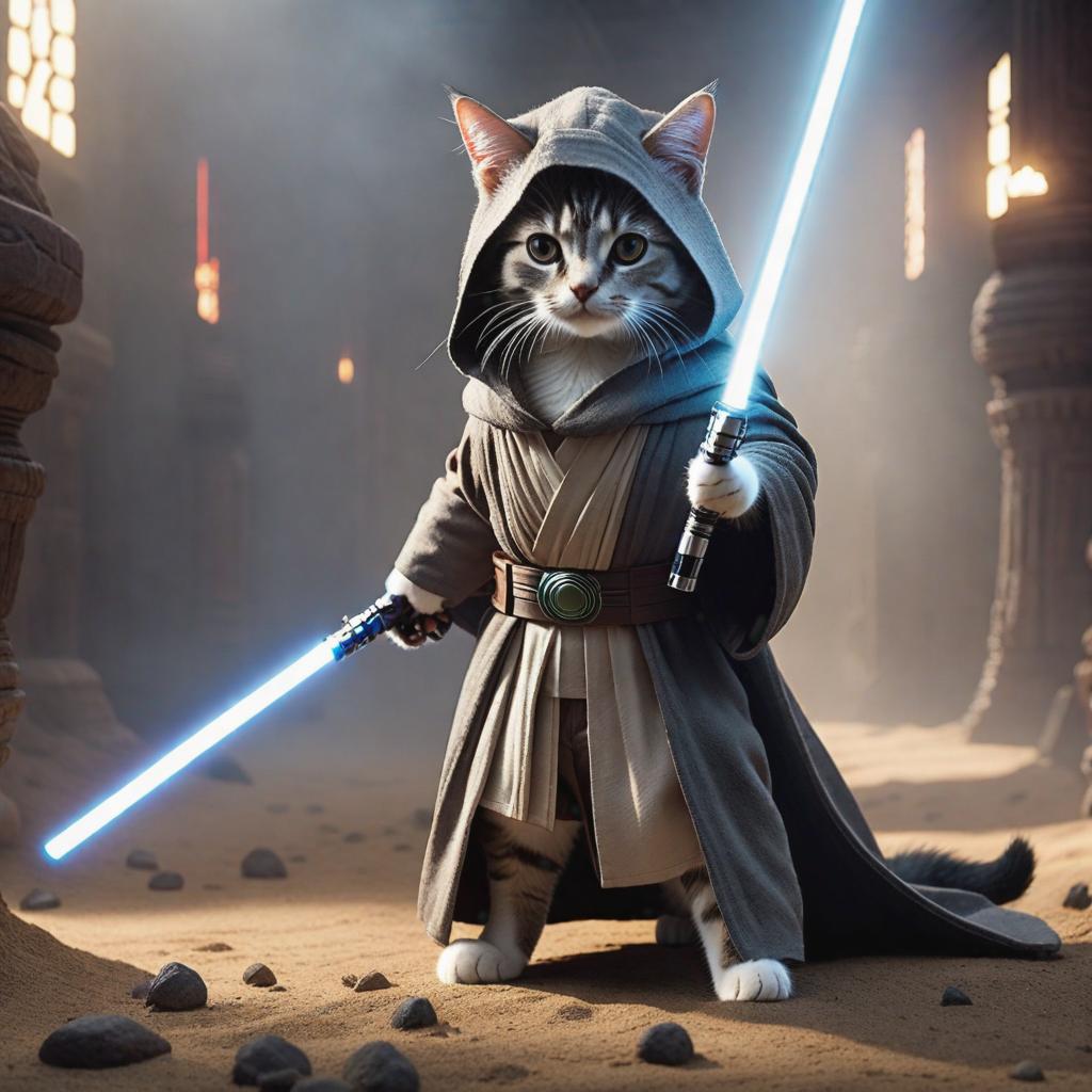  a master jedi cat in star wars holding a lightsaber, wearing a jedi cloak hood, dramatic, cinematic lighting hyperrealistic, full body, detailed clothing, highly detailed, cinematic lighting, stunningly beautiful, intricate, sharp focus, f/1. 8, 85mm, (centered image composition), (professionally color graded), ((bright soft diffused light)), volumetric fog, trending on instagram, trending on tumblr, HDR 4K, 8K