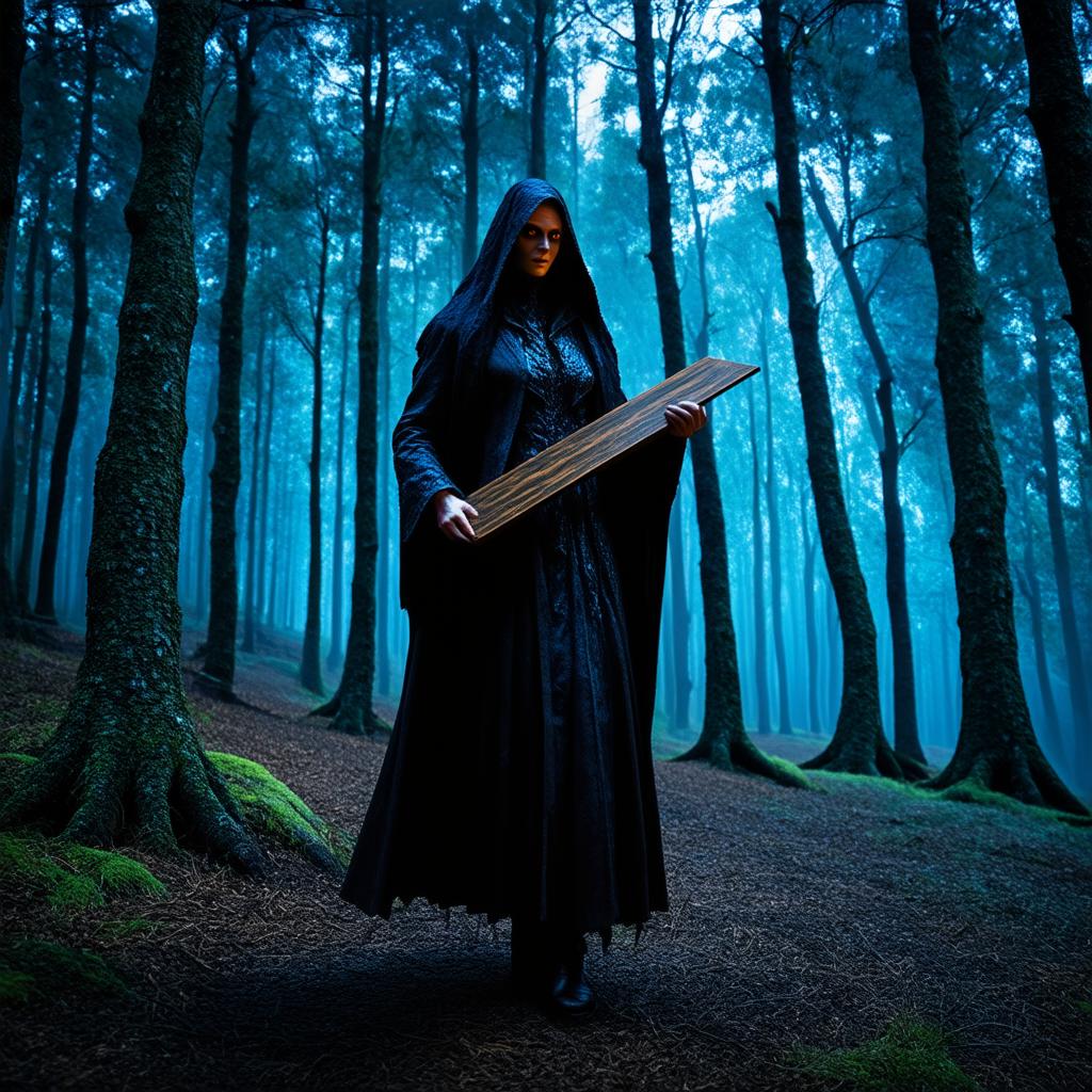  Horror themed, a mystical forest, towering trees with iridescent bark, soft light, ancient magic. amidst this enchanted landscape, a figure emerges from the shadows: Holding board 'SD3 live on modelslab' hyperrealistic, full body, detailed clothing, highly detailed, cinematic lighting, stunningly beautiful, intricate, sharp focus, f/1. 8, 85mm, (centered image composition), (professionally color graded), ((bright soft diffused light)), volumetric fog, trending on instagram, trending on tumblr, HDR 4K, 8K