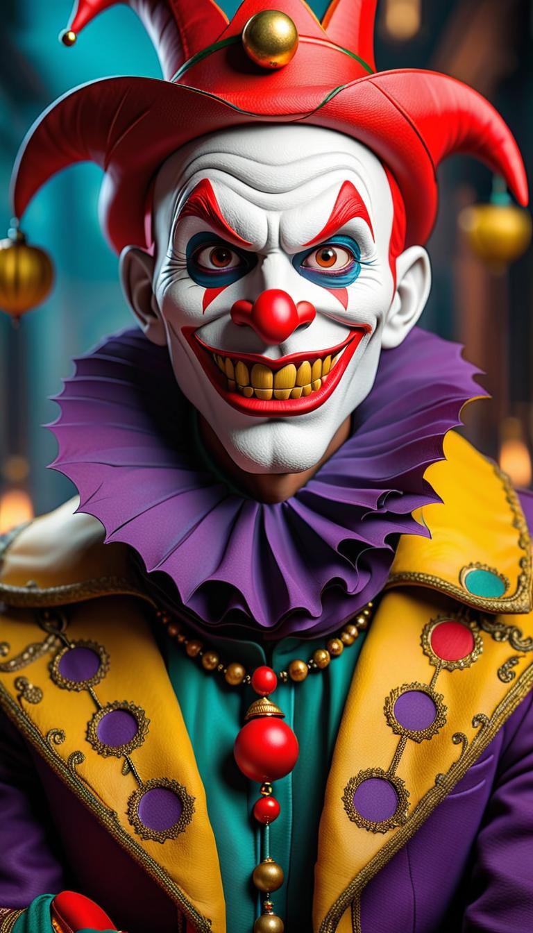  Professional 3D model of a sinister jester in a dark carnival. Dark, mysterious, scary, haunting, dramatic, ornate, detailed. . Rendered with Octane, the model is highly detailed,dramatic lighting. hyperrealistic, full body, detailed clothing, highly detailed, cinematic lighting, stunningly beautiful, intricate, sharp focus, f/1. 8, 85mm, (centered image composition), (professionally color graded), ((bright soft diffused light)), volumetric fog, trending on instagram, trending on tumblr, HDR 4K, 8K