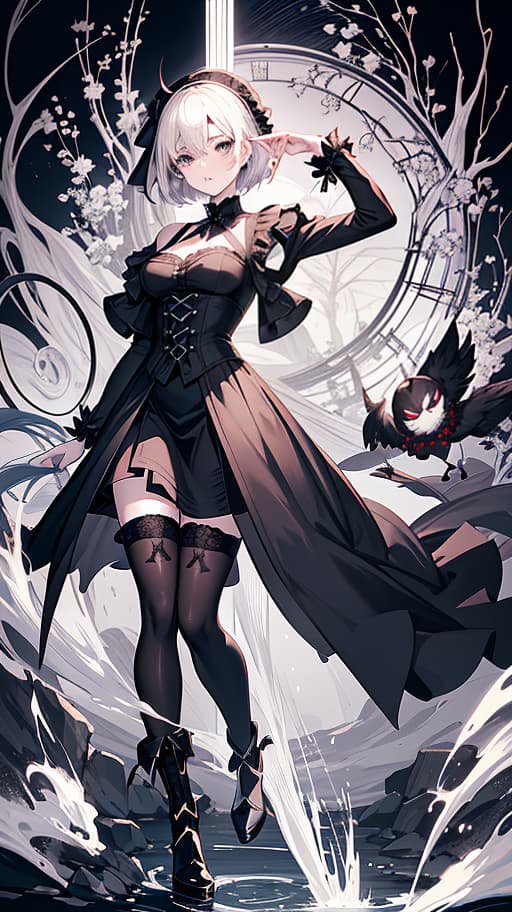  Anime Style, Manga Style,The Victorian,dark background,,Gothic, full growth,black dress,white hair,short hair, ,2b,Nier Automat,eye mask,headband on the head,birthmark,black stockings, dress,lace,boots stockings, (Manga Style, Yusuke Murata, Satoshi Kon, Ken Sugimori, Hiromu Arakawa), Pencil drawing, (B&W:1.2), Low detail, sketch, concept art, Anime style, line art, webtoon, manhua, chalk, hand drawn, defined lines, simple shades, simplistic, manga page, minimalistic, High contrast, Precision artwork, Linear compositions, Scalable artwork, Digital art, High Contrast Shadows hyperrealistic, full body, detailed clothing, highly detailed, cinematic lighting, stunningly beautiful, intricate, sharp focus, f/1. 8, 85mm, (centered image composition), (professionally color graded), ((bright soft diffused light)), volumetric fog, trending on instagram, trending on tumblr, HDR 4K, 8K