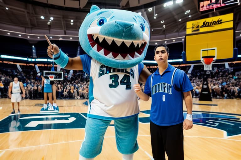  a shark basketball mascot wearing a white and blue Waves basketball jersey holding a sign