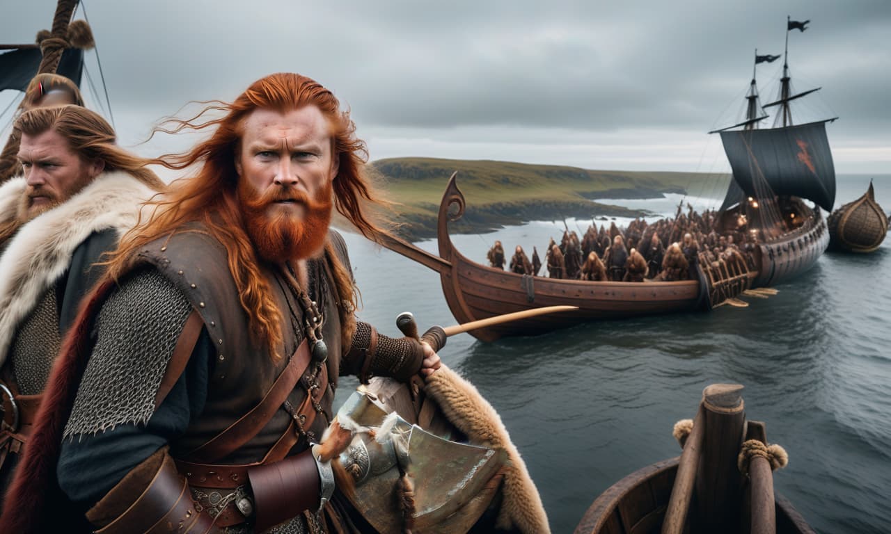  cinematic film still An epic old, grimy Viking pirate, dark, wrinkled face, long messy wavy red hair, red beard with strands in the hair and on the beard, holding a battle axe in his hand, Viking clothing with intricate details, fur skin on the shoulder, iron chainmail, the ship is decorated with wooden dragon heads, in the distance on the shore, you can see a Viking settlement, style of oil painting with large, broad brush strokes of impasto. . shallow depth of field, vignette, highly detailed, high budget, bokeh, cinemascope, moody, epic, gorgeous, film grain, grainy hyperrealistic, full body, detailed clothing, highly detailed, cinematic lighting, stunningly beautiful, intricate, sharp focus, f/1. 8, 85mm, (centered image composition), (professionally color graded), ((bright soft diffused light)), volumetric fog, trending on instagram, trending on tumblr, HDR 4K, 8K