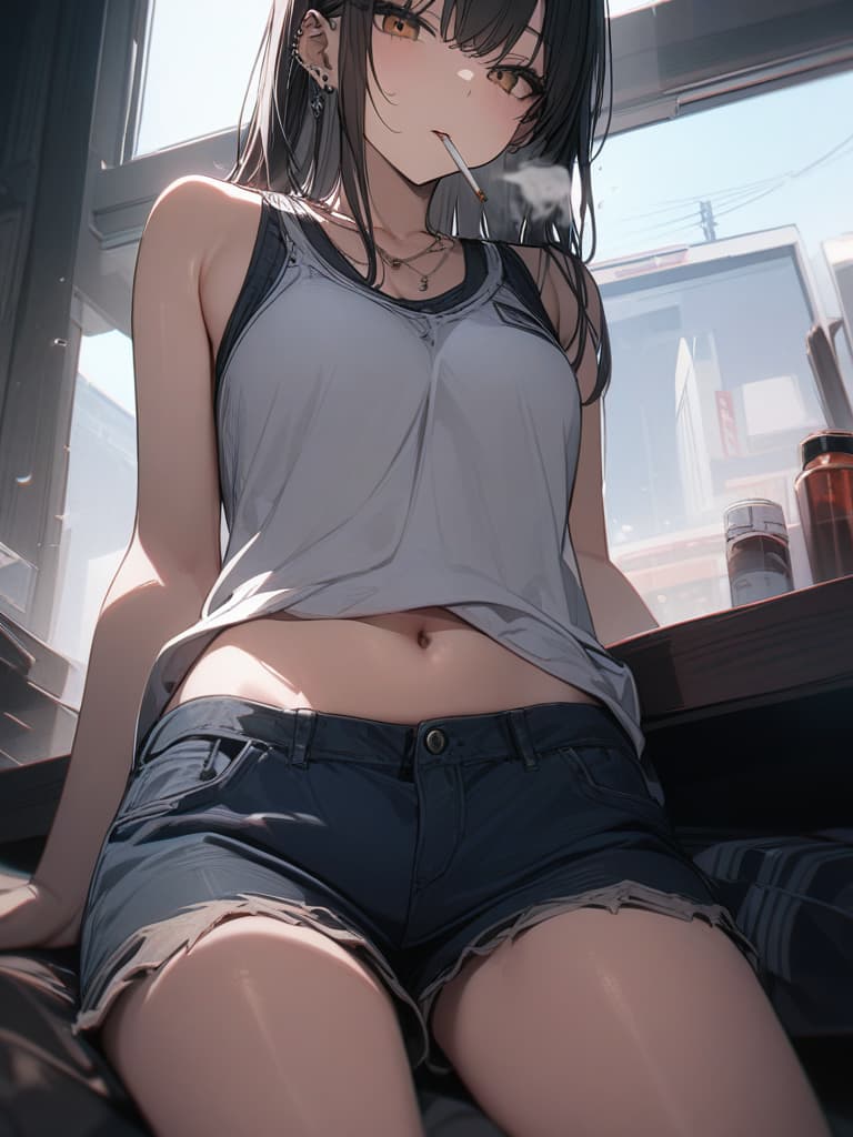  Cute, girls, piercings, navel, shorts, tank tops, rooms, smoking, cigarettes, masterpiece, best quality,8k,ultra detailed,high resolution,an extremely delicate and beautiful,hyper detail