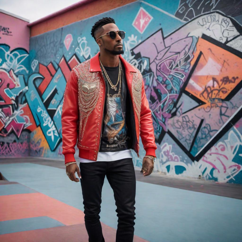  A man at a skatepark wearing diamonds. The scene should show the man wearing clothing and accessories adorned with sparkling diamonds, skating or standing with his skateboard. The background includes ramps, half-pipes, and graffiti-covered walls typical of a skatepark. The atmosphere is energetic and stylish, capturing the juxtaposition of street culture and high fashion. hyperrealistic, full body, detailed clothing, highly detailed, cinematic lighting, stunningly beautiful, intricate, sharp focus, f/1. 8, 85mm, (centered image composition), (professionally color graded), ((bright soft diffused light)), volumetric fog, trending on instagram, trending on tumblr, HDR 4K, 8K