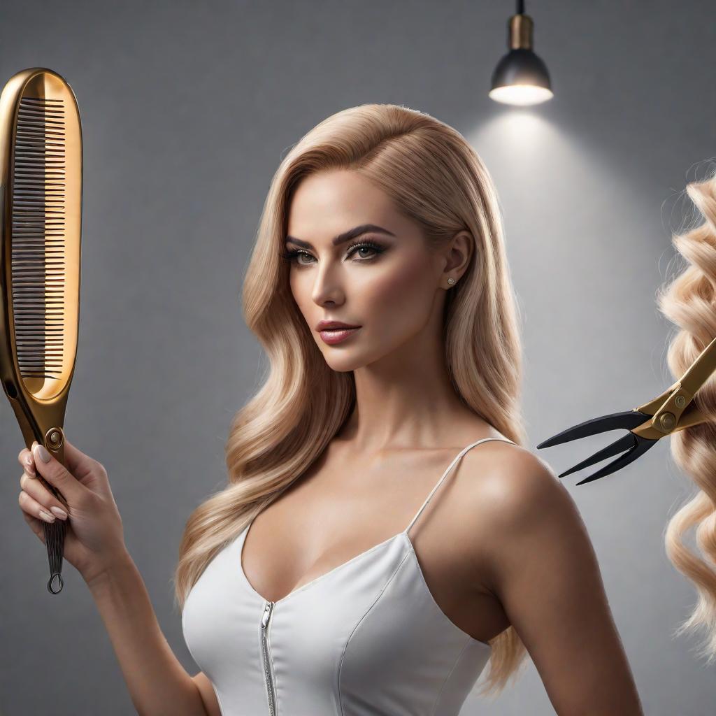  A woman named Maria represented by an emoji of a woman. A pair of scissors and a comb symbolizing her occupation as a hairstylist. hyperrealistic, full body, detailed clothing, highly detailed, cinematic lighting, stunningly beautiful, intricate, sharp focus, f/1. 8, 85mm, (centered image composition), (professionally color graded), ((bright soft diffused light)), volumetric fog, trending on instagram, trending on tumblr, HDR 4K, 8K