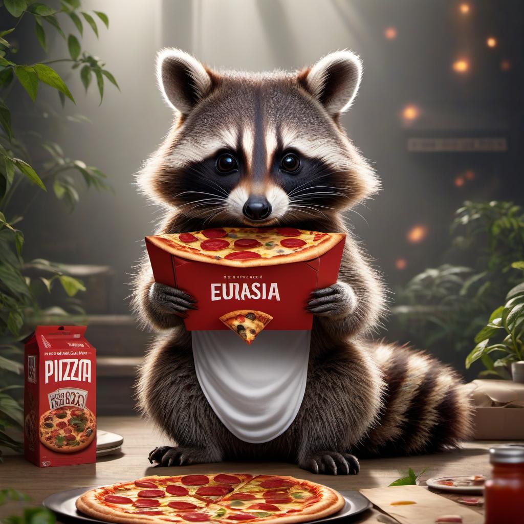  Draw a cute, chubby raccoon in a white t shirt that says "EurAsia" in red letters. He is holding a pizza box, and pizza can be seen inside. hyperrealistic, full body, detailed clothing, highly detailed, cinematic lighting, stunningly beautiful, intricate, sharp focus, f/1. 8, 85mm, (centered image composition), (professionally color graded), ((bright soft diffused light)), volumetric fog, trending on instagram, trending on tumblr, HDR 4K, 8K