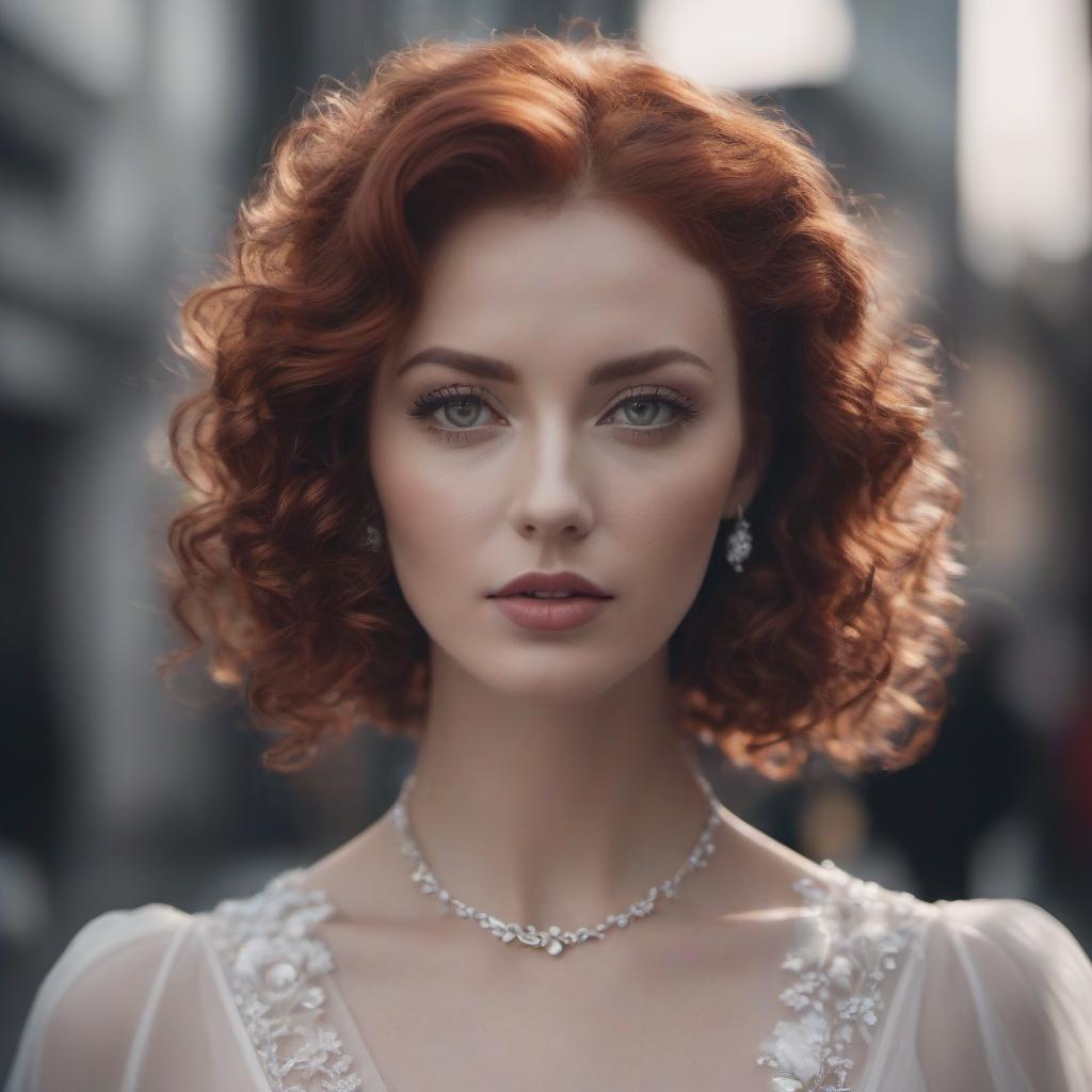  cinematic photo dark woman, curly wavy red hair, light gray eyes, dilated pupil, small earrings, necklace, dress . 35mm photograph, film, bokeh, professional, 4k, highly detailed hyperrealistic, full body, detailed clothing, highly detailed, cinematic lighting, stunningly beautiful, intricate, sharp focus, f/1. 8, 85mm, (centered image composition), (professionally color graded), ((bright soft diffused light)), volumetric fog, trending on instagram, trending on tumblr, HDR 4K, 8K