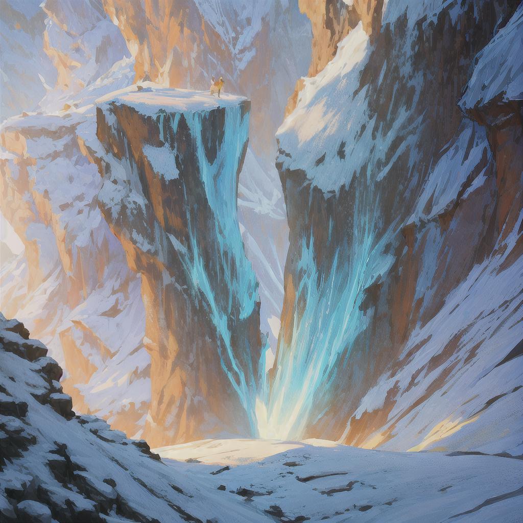  frozen canyon with icy ledge hyperrealistic, full body, detailed clothing, highly detailed, cinematic lighting, stunningly beautiful, intricate, sharp focus, f/1. 8, 85mm, (centered image composition), (professionally color graded), ((bright soft diffused light)), volumetric fog, trending on instagram, trending on tumblr, HDR 4K, 8K