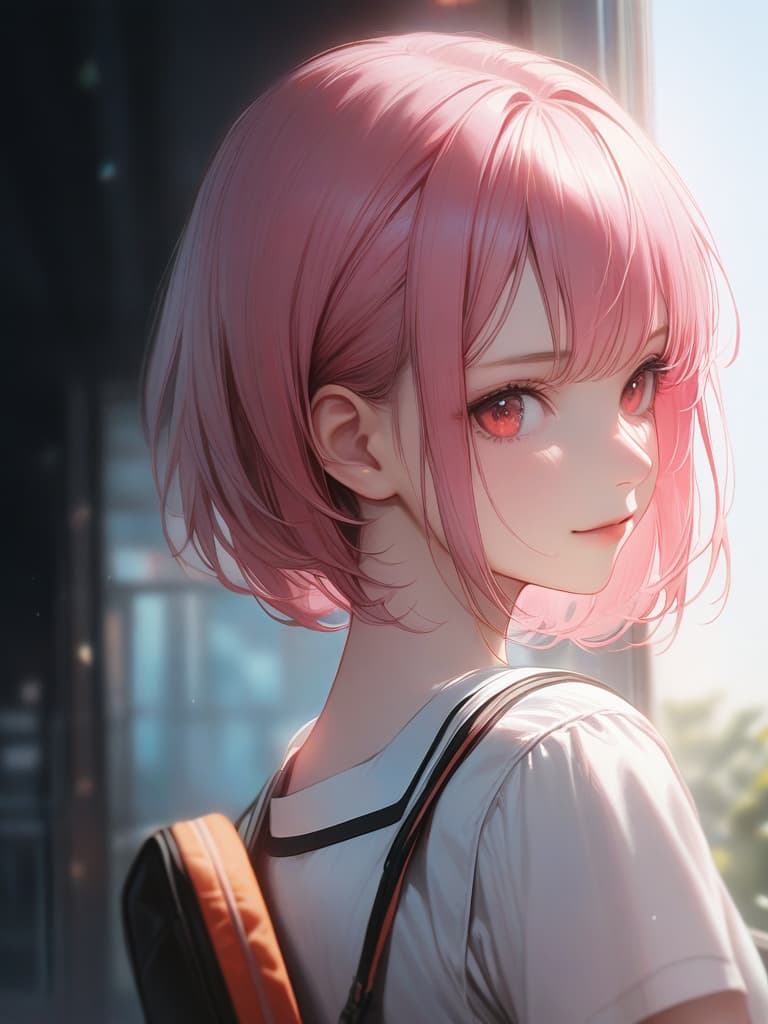  1girl,18yo,pink hair,short hair, pink short bowl cut,red eyes,headphone,summer school uniform,light smile,realistic, masterpiece, best quality,8k,ultra detailed,high resolution,an extremely delicate and beautiful,hyper detail