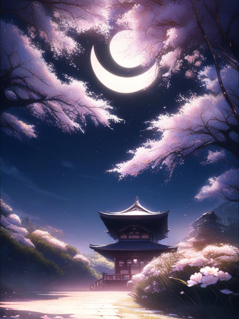  Japanese scenery, cherry blossoms, night sky, crescent moon, masterpiece, best quality,8k,ultra detailed,high resolution,an extremely delicate and beautiful,hyper detail