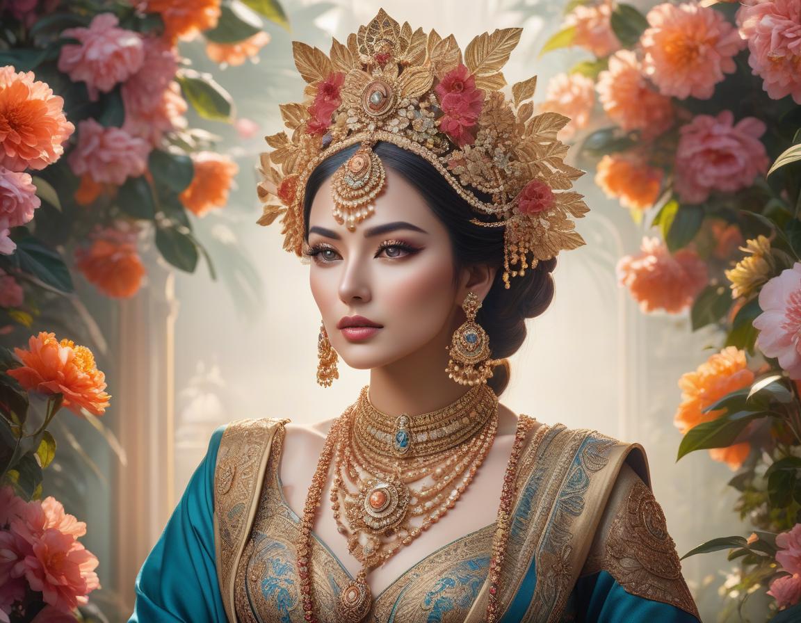  hyperrealistic art A woman adorned in elaborate traditional jewelry and attire, set against a floral background with a regal aura Analog photo graceful dada absurdity surreal, trending on artstation, sharp focus, studio photo, intricate details, highly detailed. . extremely high resolution details, photographic, realism pushed to extreme, fine texture, incredibly lifelike hyperrealistic, full body, detailed clothing, highly detailed, cinematic lighting, stunningly beautiful, intricate, sharp focus, f/1. 8, 85mm, (centered image composition), (professionally color graded), ((bright soft diffused light)), volumetric fog, trending on instagram, trending on tumblr, HDR 4K, 8K