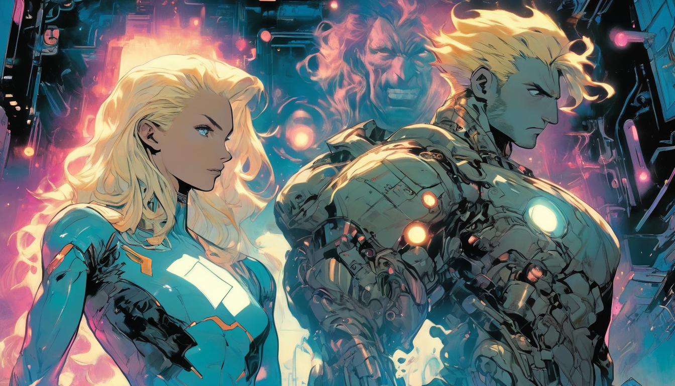  hyperrealism,fantasy aesthetic1man 1woman, large busted attractive blonde arian female humanoid and handsome male humanoid, tuning an ancient looking radio device, ethereal glow emanating, cosmic background, high tech clothing clad in sleek, futuristic costume with metallic accents and form fitting designs, marvel superhero comics style, unreal engine rendering