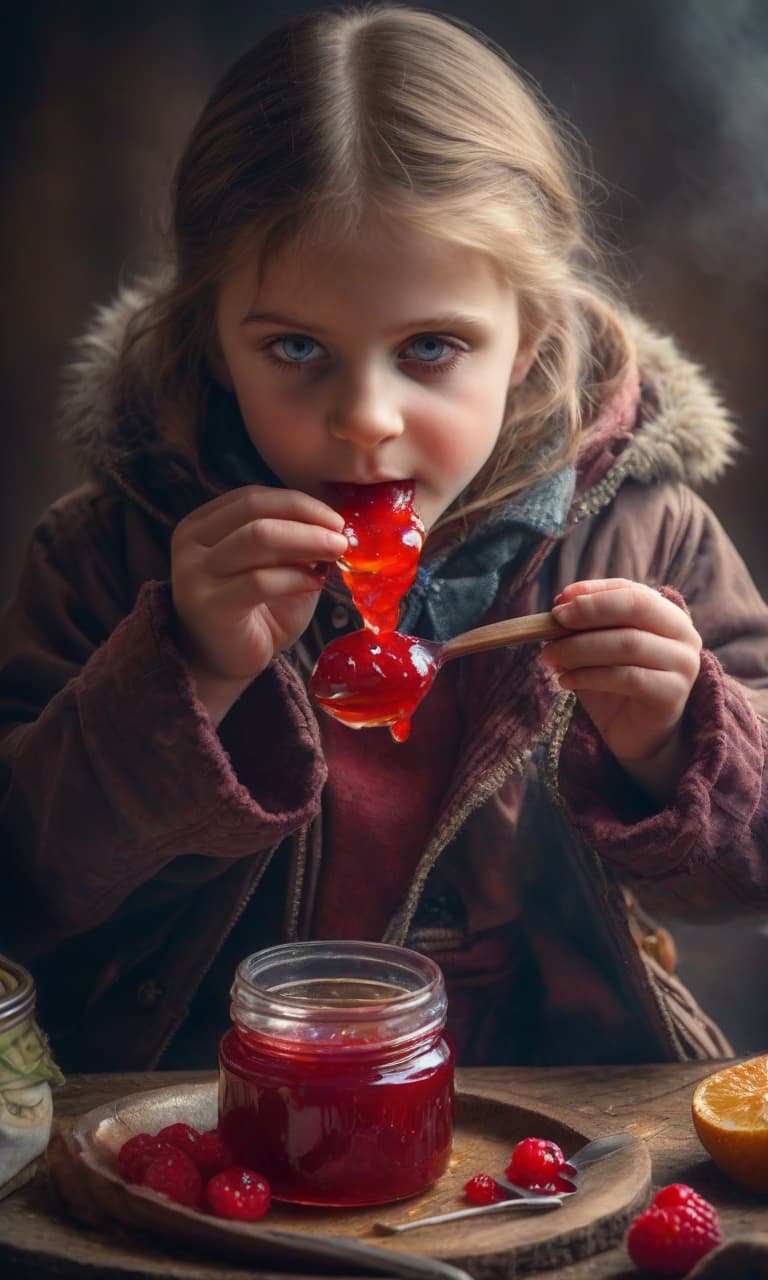  The child eats jam hyperrealistic, full body, detailed clothing, highly detailed, cinematic lighting, stunningly beautiful, intricate, sharp focus, f/1. 8, 85mm, (centered image composition), (professionally color graded), ((bright soft diffused light)), volumetric fog, trending on instagram, trending on tumblr, HDR 4K, 8K