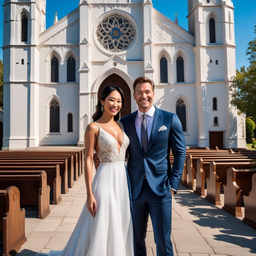  A white male and an Asian female, both engaged and smiling, standing in front of a beautiful church. The male is wearing a suit, and the female is wearing an elegant dress. The church is classic with tall steeples and a large wooden door, with a backdrop of clear blue sky and greenery around. hyperrealistic, full body, detailed clothing, highly detailed, cinematic lighting, stunningly beautiful, intricate, sharp focus, f/1. 8, 85mm, (centered image composition), (professionally color graded), ((bright soft diffused light)), volumetric fog, trending on instagram, trending on tumblr, HDR 4K, 8K