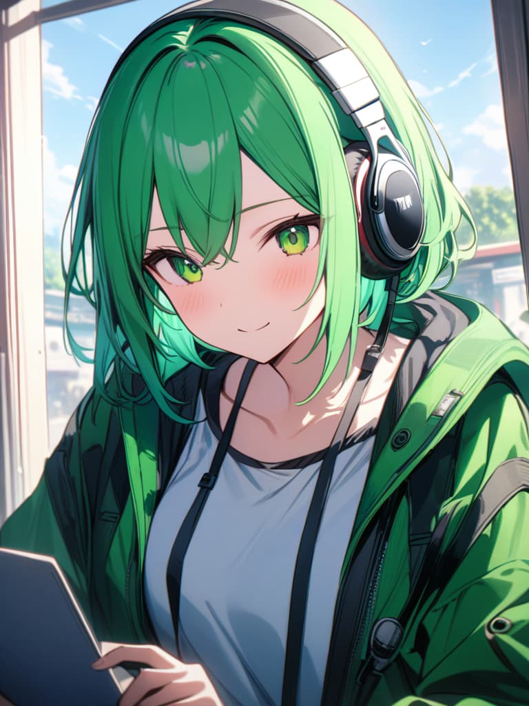  Happy expression of green hair short hair character with headphones, masterpiece, best quality,8k,ultra detailed,high resolution,an extremely delicate and beautiful,hyper detail