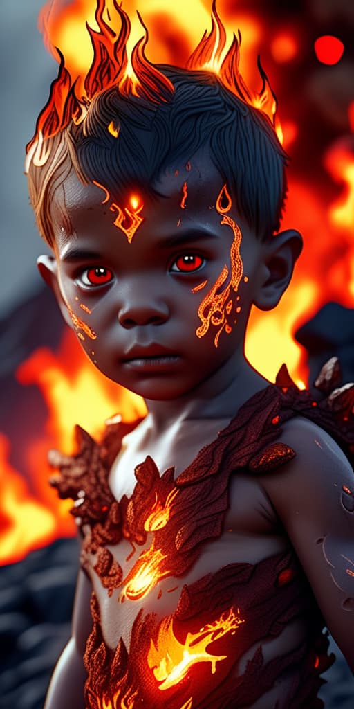  best quality, HD, A cute child portrait of a fire elemental human, warm glowing skin, fiery red eyes, surrounded by swirling flames, set against a cinematic background of a volcanic landscape, with studio lighting highlighting the fiery details, hyper detailed, beautifully color graded, 8k photorealistic, global illumination, volumetric lighting.