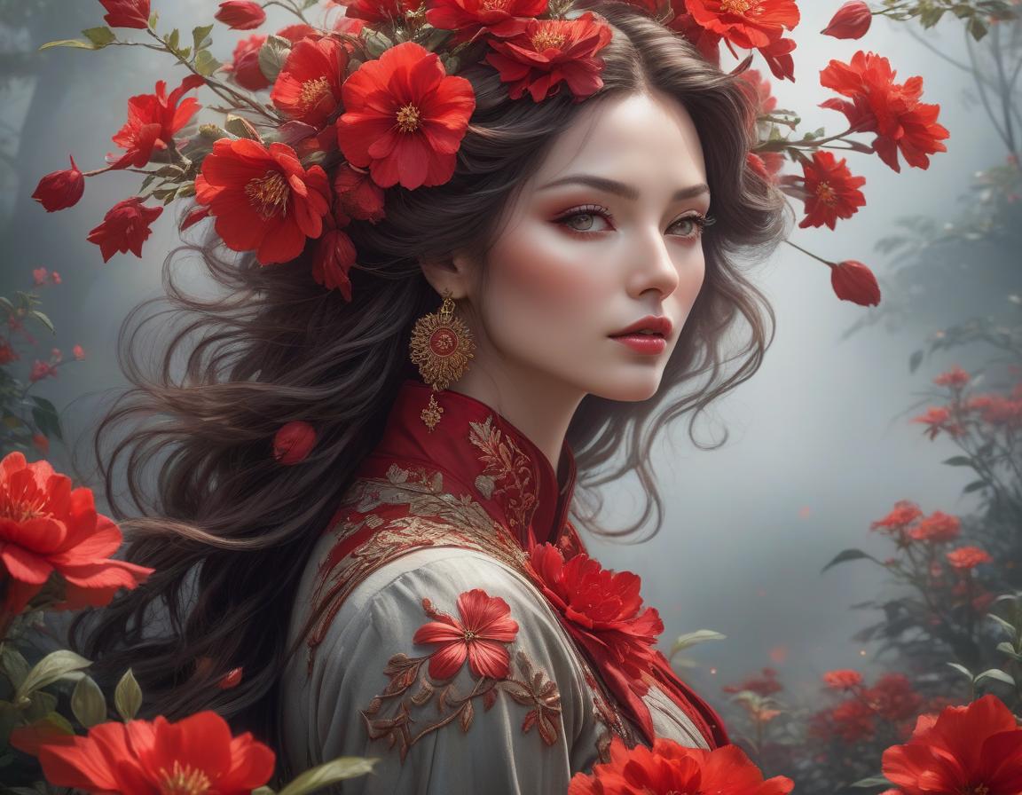  An artistic portrait of a woman with flowing hair adorned with vibrant red flowers, gazing into the distance, evoking a dreamy and romantic mood. Beautiful red Periapt. Jean Baptiste Monge and Yossi Kotler hyperrealistic, full body, detailed clothing, highly detailed, cinematic lighting, stunningly beautiful, intricate, sharp focus, f/1. 8, 85mm, (centered image composition), (professionally color graded), ((bright soft diffused light)), volumetric fog, trending on instagram, trending on tumblr, HDR 4K, 8K