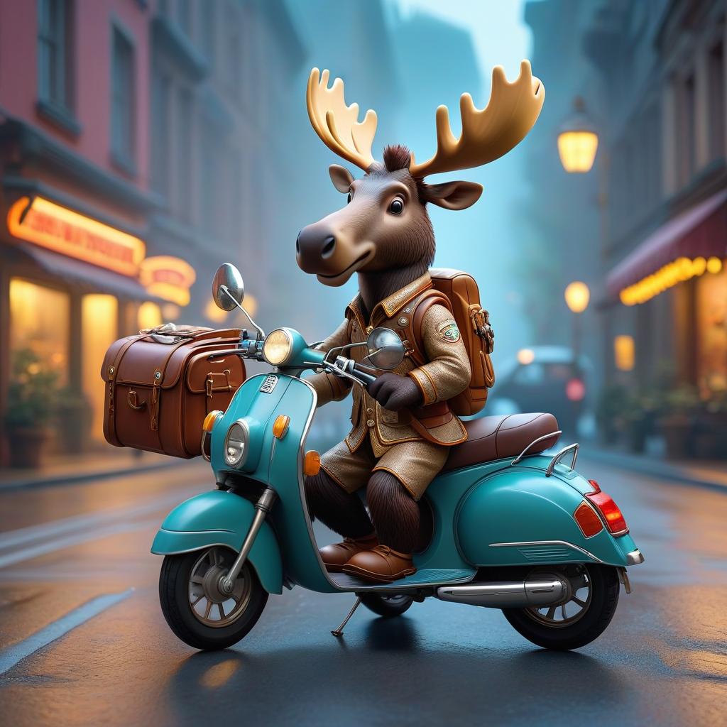  A little cartoon moose dreams of traveling on moped hyperrealistic, full body, detailed clothing, highly detailed, cinematic lighting, stunningly beautiful, intricate, sharp focus, f/1. 8, 85mm, (centered image composition), (professionally color graded), ((bright soft diffused light)), volumetric fog, trending on instagram, trending on tumblr, HDR 4K, 8K