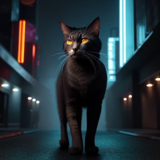  masterpiece, best quality, a scene featuring a bionic cat navigating a neon-lit cityscape, blending seamlessly with the cyber-enhanced environments , hyperrealistic, full body, detailed clothing, highly detailed, cinematic lighting, stunningly beautiful, intricate, sharp focus, f/1. 8, 85mm, (centered image composition), (professionally color graded), ((bright soft diffused light)), volumetric fog, trending on instagram, trending on tumblr, HDR 4K, 8K