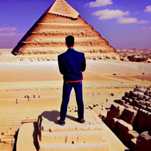 wa-vy style A young man while standing on the top of the pyramid of Egypt and about to jump off while using a parachute