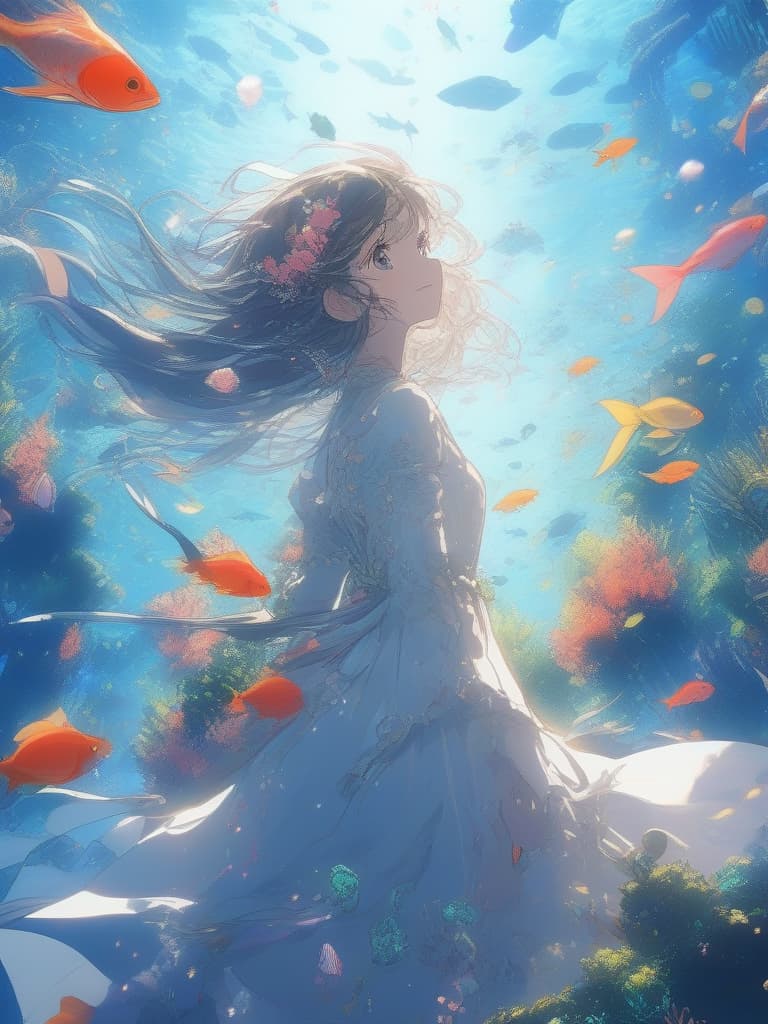  ((Fantastic,ocean,in the ocean, of fish)),beautiful ,cute,pretty,,long hair,in the ocean,aquarium,white dress,beautiful,beautiful ocean,beautiful underwater,light shining on the bottom of the water,ultra detailed,best shadow,cute and beautiful face,(masterpiece:1.2),(best quality:1.2),detailed background,high contrast,(best illumination,an extremely delicate and beautiful),((cinematic light)),hyper detail,dramatic light,intricate details,8k,anime,very aesthetic, masterpiece, best quality,8k,ultra detailed,high resolution,an extremely delicate and beautiful,hyper detail