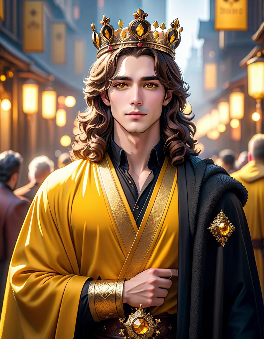  cinematic photo A tall guy, with long brown hair and curly eyes. He's wearing a yellow robe with a sash at the waist. A leather chest piece. His pants are black. And he has a golden crown on his head. . 35mm photograph, film, bokeh, professional, 4k, highly detailed hyperrealistic, full body, detailed clothing, highly detailed, cinematic lighting, stunningly beautiful, intricate, sharp focus, f/1. 8, 85mm, (centered image composition), (professionally color graded), ((bright soft diffused light)), volumetric fog, trending on instagram, trending on tumblr, HDR 4K, 8K