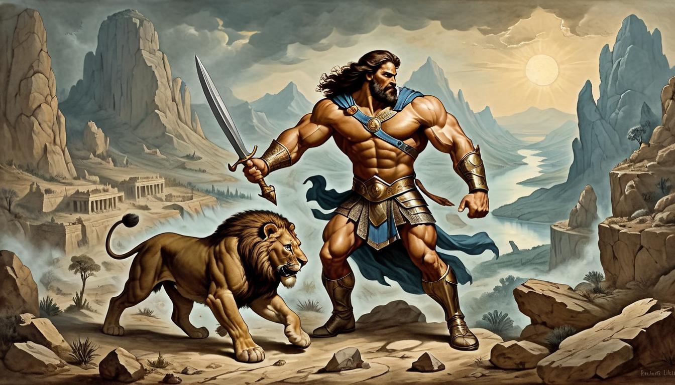  on parchment, surrealism+++, Hercules, clad in ancient armor, battling the Nemean lion, muscles straining, intense expression, surrounding landscape rocky and barren, sense of epic struggle, heroism(mysterious, provocative, symbolic,muted color)+++