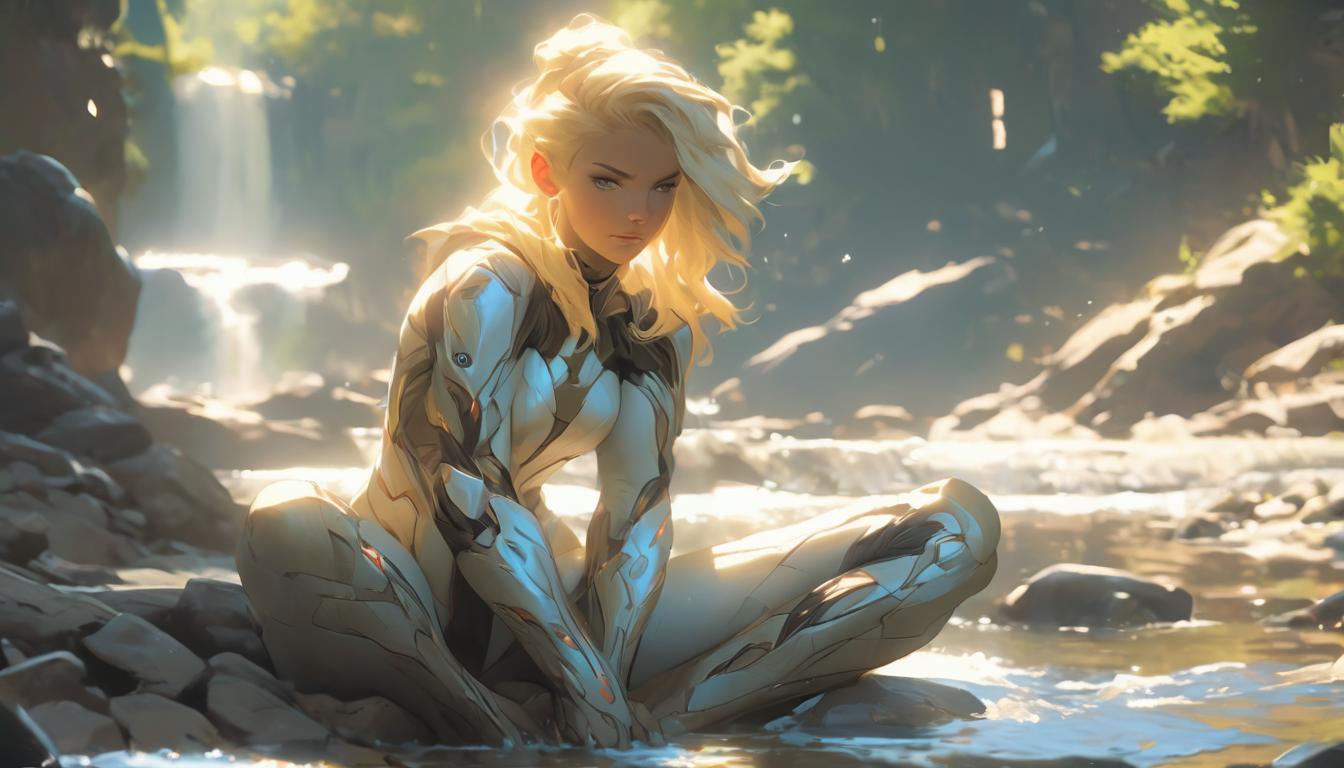  hyperrealism,fantasy aesthetic1woman, large busted attractive blonde arian female humanoid, sitting cross legged by a river, eyes closed, serene atmosphere, mood of natural state of being, high tech clothing clad in sleek, futuristic costume with metallic accents and form fitting designs, marvel superhero comics style, unreal engine rendering