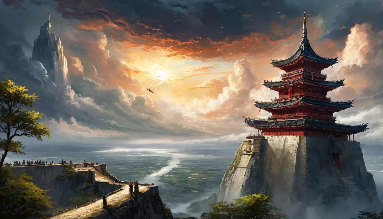  digital painting of Tower dominating the skyline, physical representation of defiance, against a tumultuous sky, imposing and unyielding, essence of rebellion looking at viewer, dynamic pose, (intricate details, masterpiece, best quality)