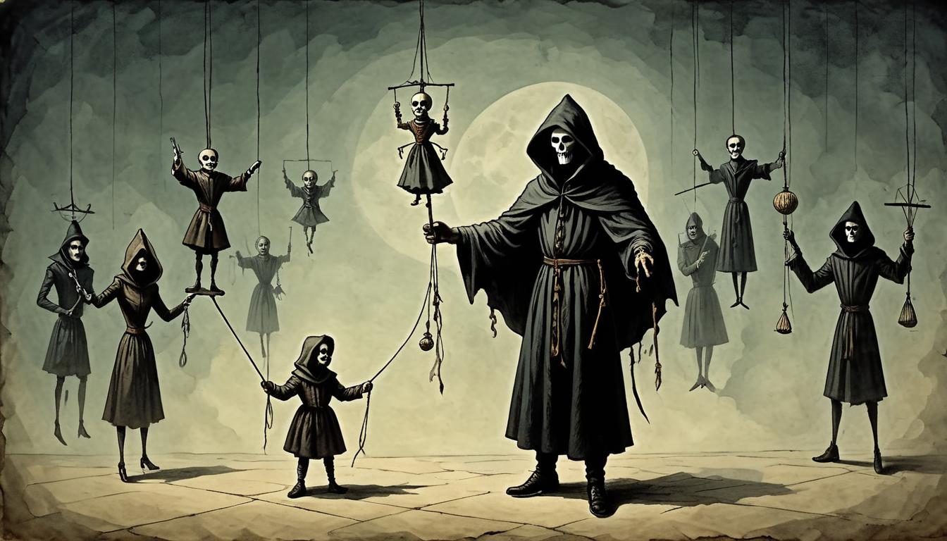  on parchment, surrealism+++, A hooded figure holding marionette strings, puppets below seeming to act against their will, dim light casting long shadows, control, eerie, somber mood(mysterious, provocative, symbolic,muted color)+++