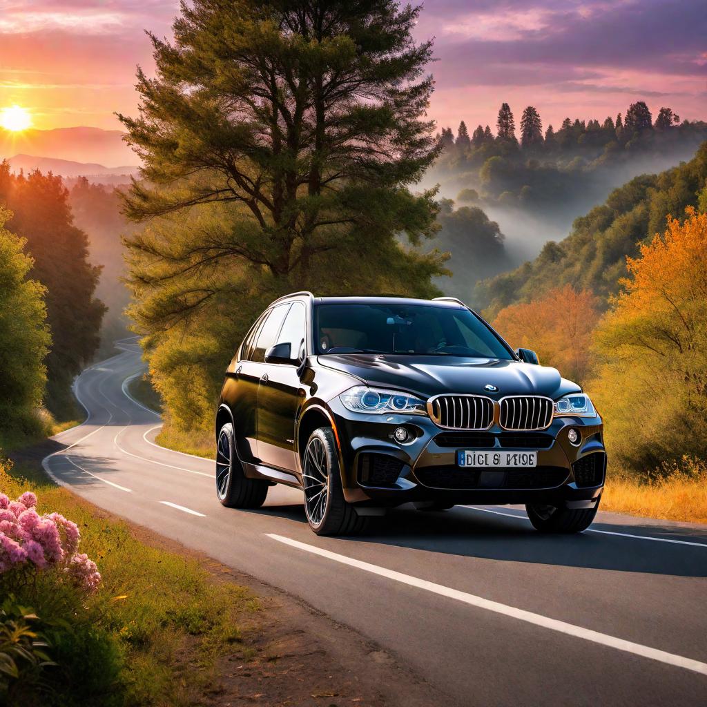  A black BMW X5 cruising on a road with a stunning sunset in the background. The scene should feature the car in motion, with the road stretching ahead, trees or scenic landscapes on the sides, and a sky ablaze with the colors of sunset, blending oranges, pinks, and purples. hyperrealistic, full body, detailed clothing, highly detailed, cinematic lighting, stunningly beautiful, intricate, sharp focus, f/1. 8, 85mm, (centered image composition), (professionally color graded), ((bright soft diffused light)), volumetric fog, trending on instagram, trending on tumblr, HDR 4K, 8K