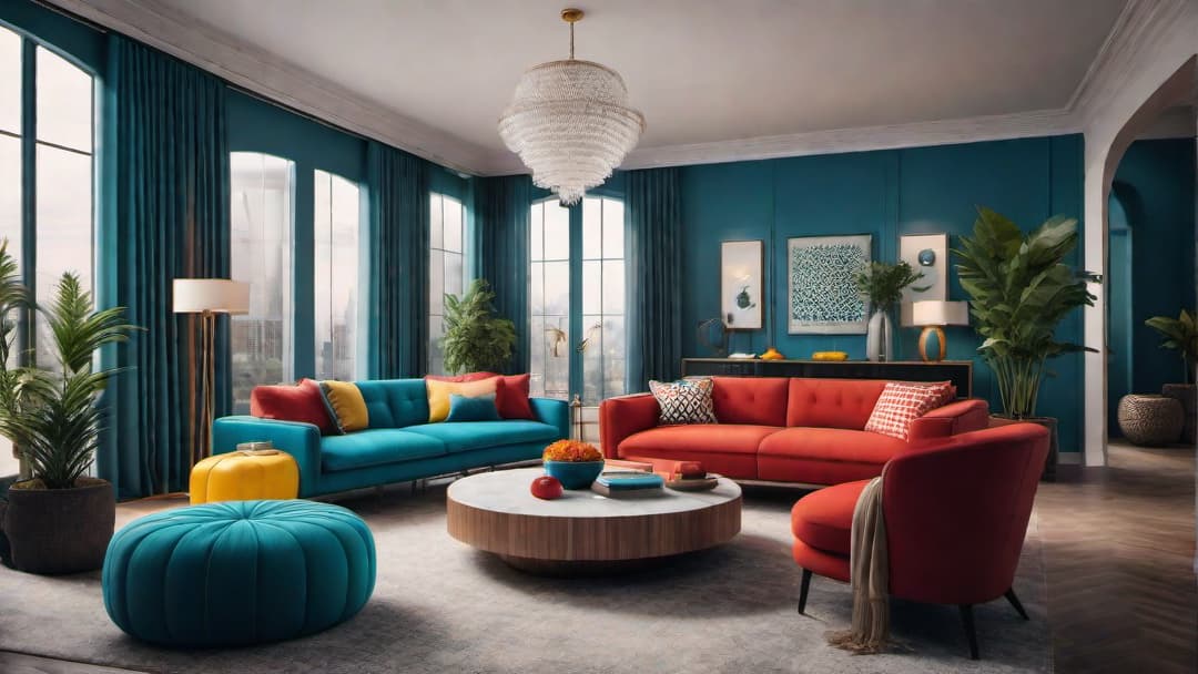  Generate an image of a living room with retro interior design inspired by pop art. Include bold and vibrant colors, geometric shapes, and quirky patterns. additional guidelines Emphasize the use of primary colors like red, blue, and yellow, along with oversized wall art featuring comic book characters or whimsical designs. hyperrealistic, full body, detailed clothing, highly detailed, cinematic lighting, stunningly beautiful, intricate, sharp focus, f/1. 8, 85mm, (centered image composition), (professionally color graded), ((bright soft diffused light)), volumetric fog, trending on instagram, trending on tumblr, HDR 4K, 8K