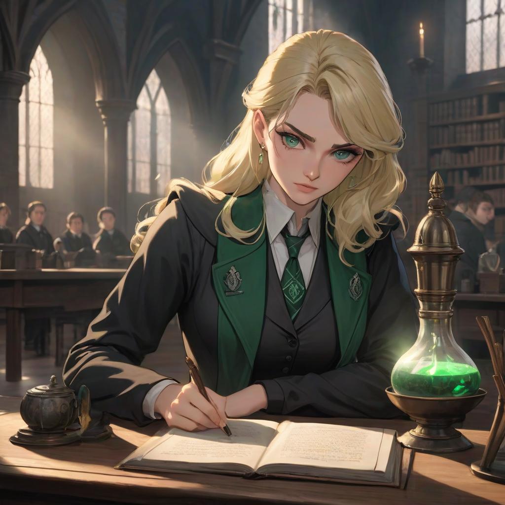  Slytherin student, blond, slender, sharp facial features (pointed nose), (sharp chin), (smooth skin). Angry, displeased. Aristocrat, wealthy. Background: Potions classroom, (Hogwarts), (beautiful lighting), (play of light). hyperrealistic, full body, detailed clothing, highly detailed, cinematic lighting, stunningly beautiful, intricate, sharp focus, f/1. 8, 85mm, (centered image composition), (professionally color graded), ((bright soft diffused light)), volumetric fog, trending on instagram, trending on tumblr, HDR 4K, 8K