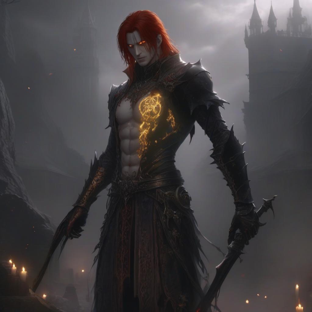  gothic style Originally, Radagon from Elden Ring with a weary gaze in a 2D anime style. The background behind him should be painted in oil. There should be a split in his chest. Light should flow from the split in his chest. He should break apart. His gaze should be indifferent. There should be no upper clothing, his chest should be bare. There should be a large hole in his chest emitting light. The background behind him should be blurred, as if painted in oil on a canvas. His face should be more human like. His body should disintegrate into parts. His abdomen should become empty. The background should be red and bloody. . dark, mysterious, haunting, dramatic, ornate, detailed hyperrealistic, full body, detailed clothing, highly detailed, cinematic lighting, stunningly beautiful, intricate, sharp focus, f/1. 8, 85mm, (centered image composition), (professionally color graded), ((bright soft diffused light)), volumetric fog, trending on instagram, trending on tumblr, HDR 4K, 8K